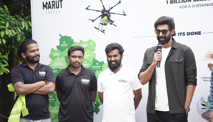 Prem Kumar Vislawath, CEO of Marut Drones (3rd from left) and actor Rana Daggubati (4th from left) at the launch of Seedcopter 2.0