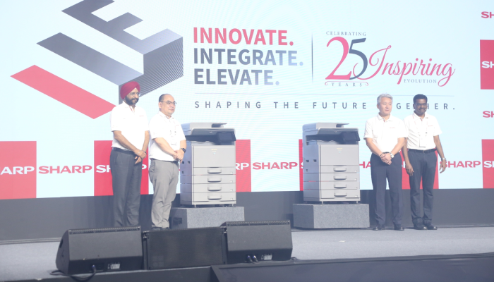 (From Left to Right) Sukhdev Singh, President - Smart Business Solutions, SHARP Business Systems (India) Private Limited; Osamu Narita, Managing Director, SHARP Business Systems (India) Private Limited ; Jun Kasawaki- Head, Asia Business Solutions Centre, Thailand; and Gedupuri Madhu, General Manager -Marketing & Product Planning India/ASEAN, SHARP Business Systems (India) Pvt Ltd. at the launch of the A3 colour MFP series in India during the SHARP National Dealer Meet 2025 and Silver Jubilee Celebrations in Jaipur