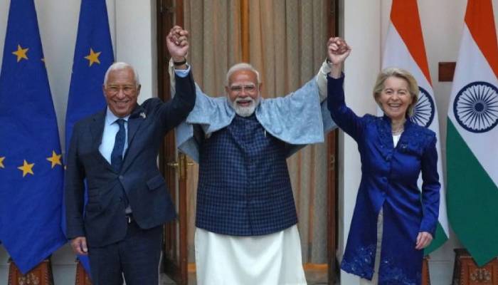 PM Modi (Centre) flanked by top EU leaders European Commission President Ursula von der Leyen and Antonio Costa, president of the European Council